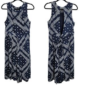 Elsey Dress Womens L Bandana Sleeveless Aline Midi Open Back Pockets Navy‎